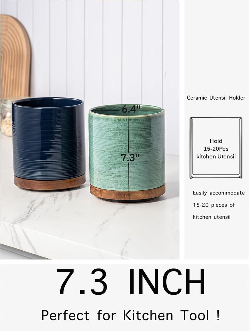 MIKIGEY Utensil Holder, 360° Rotating Extra Large Ceramic Kitchen Utensil Holder for Countertop, 7.3“ Cooking Utensil Crocks for Kitchen Counter with Rotatable Wooden Base, Farmhouse Decor, Dark Blue - Image 5